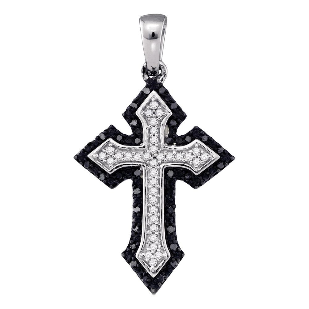10k White Gold Black Color Enhanced Diamond Cross Crucifix Christian Womens Pendant Unique 1/5 Cttw
