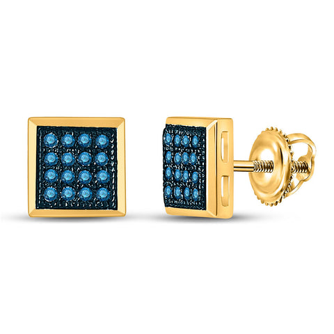 10k Yellow Gold Womens Blue Color Enhanced Diamond Square Cluster Stud Earrings 1/10 Cttw