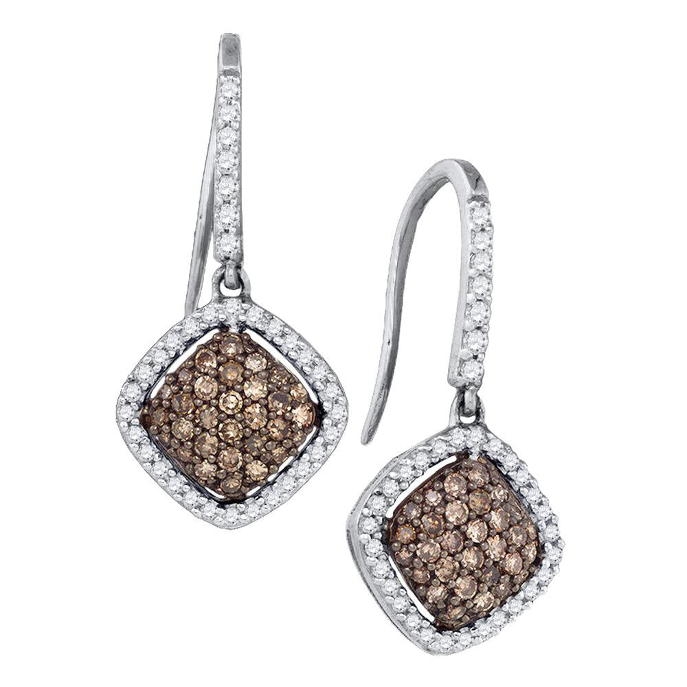 10kt White Gold Womens Round Brown Diamond Square Cluster Dangle Earrings 5/8 Cttw