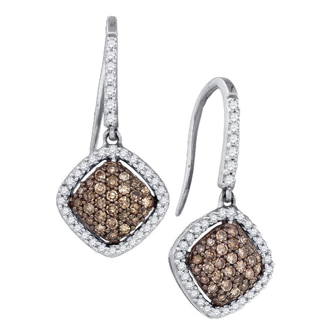 10kt White Gold Womens Round Cognac-brown Color Enhanced Diamond Square Cluster Dangle Earrings 5/8 Cttw