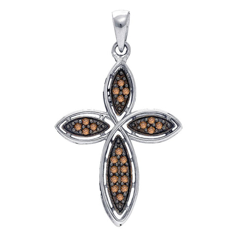 Sterling Silver Womens Round Cognac-brown Color Enhanced Diamond Cross Pendant 1/4 Cttw