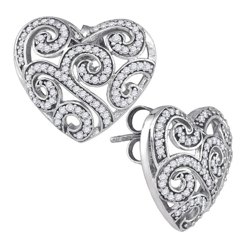 10k White Gold Round Pave-set Diamond Womens Hearts Screwback Stud Earrings 1/2 Cttw