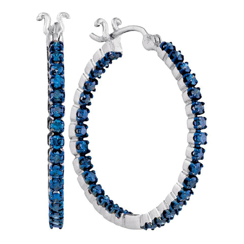 10kt White Gold Womens Round Blue Color Enhanced Diamond Hoop Earrings 1-5/8 Cttw