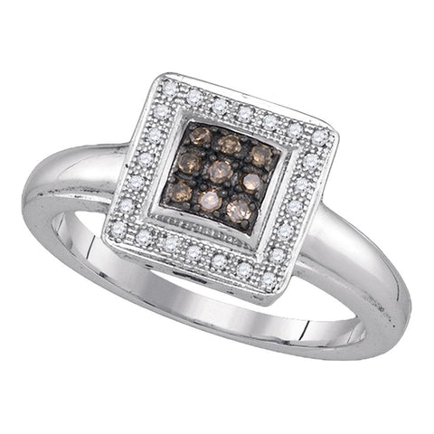 Sterling Silver Womens Round Cognac-brown Color Enhanced Diamond Square Cluster Ring 1/6 Cttw