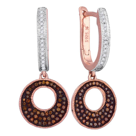 10kt Rose Gold Womens Round Red Color Enhanced Diamond Circle Dangle Earrings 3/8 Cttw