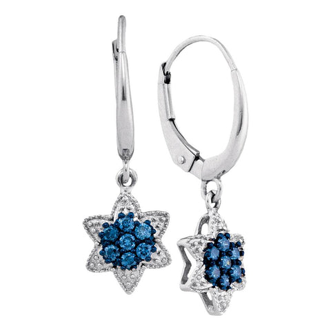 10kt White Gold Womens Round Blue Color Enhanced Diamond Star Cluster Dangle Earrings 1/4 Cttw