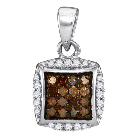 Sterling Silver Womens Round Cognac-brown Color Enhanced Diamond Square Cluster Pendant 1/4 Cttw