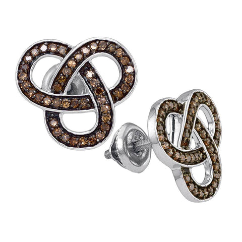 Sterling Silver Womens Round Brown Color Enhanced Diamond Trinity Loop Stud Earrings 1/2 Cttw