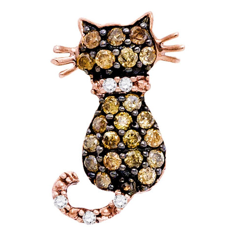 10k Rose Gold Cognac-brown Color Enhanced Diamond Womens Kitty Cat Feline Pendant 1/3 Cttw