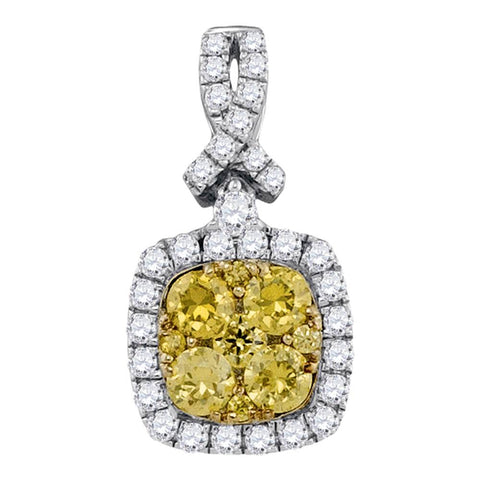14kt White Gold Womens Round Yellow Diamond Cluster Square Frame Pendant 1.00 Cttw