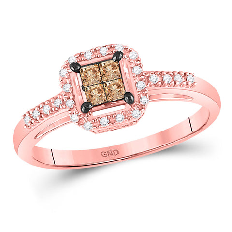 10kt Rose Gold Womens Princess Brown Diamond Fashion Ring 1/4 Cttw