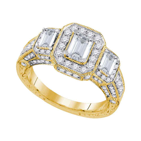 14kt Yellow Gold Womens Emerald Diamond 3-stone Bridal Wedding Engagement Ring 2.00 Cttw