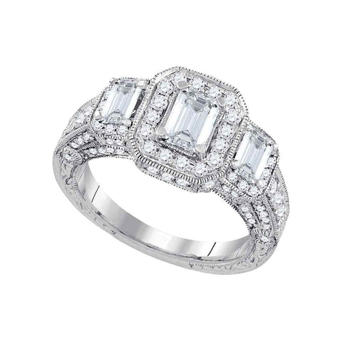 14kt White Gold Womens Emerald Diamond 3-stone Bridal Wedding Engagement Ring 2.00 Cttw