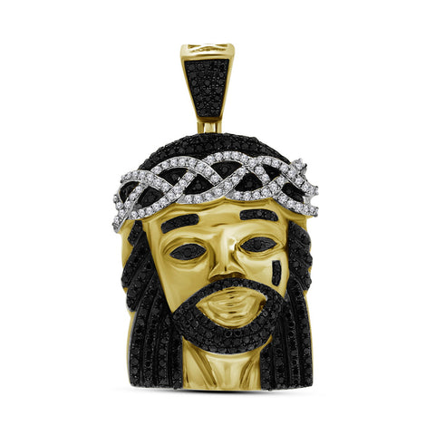 10k Yellow Gold Polished Black Color Enhanced Diamond Mens Jesus Christ 3D Head Piece Charm Pendant 1.00 Cttw