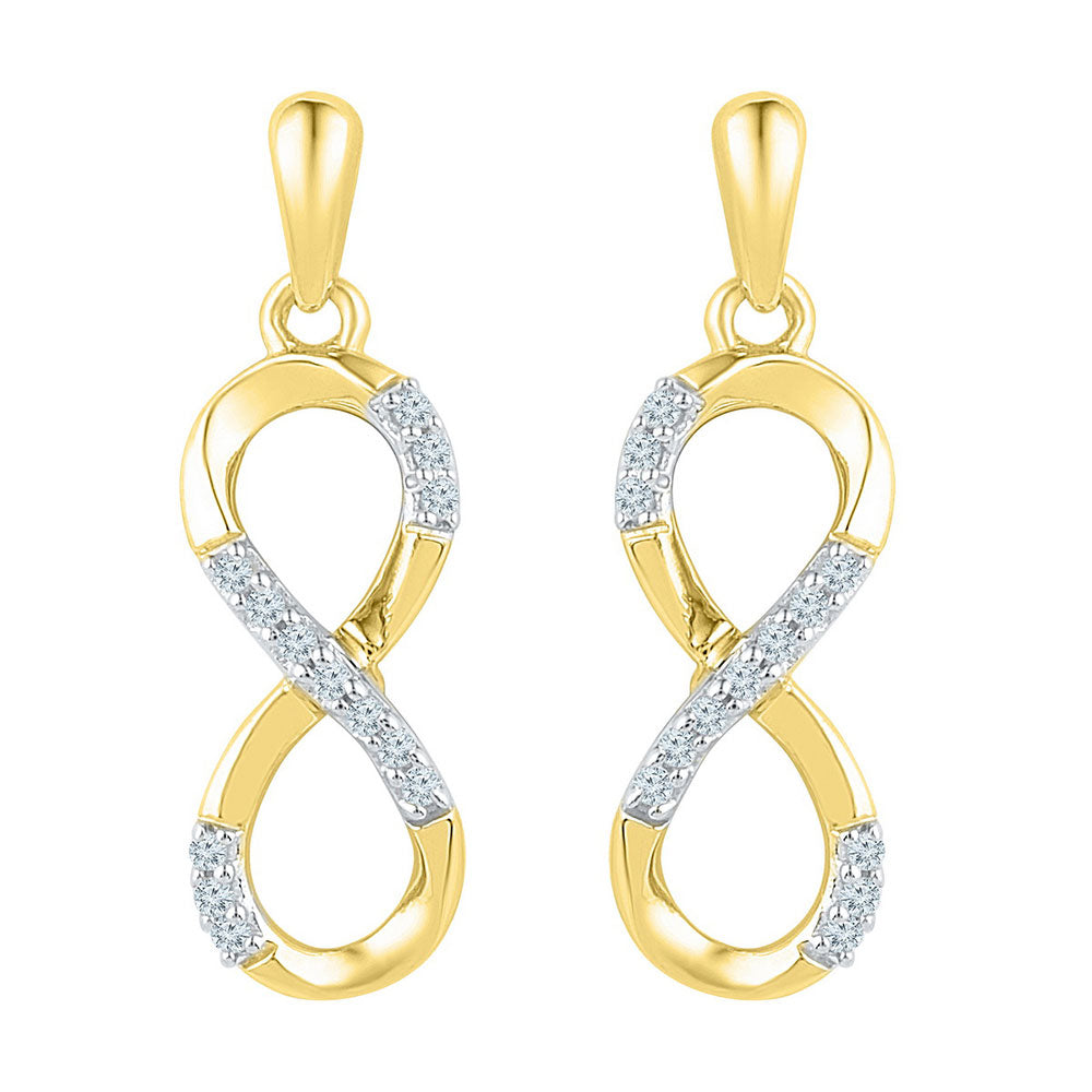 10k Yellow Gold Womens Round Diamond Infinity Dangle Earrings 1/10 Cttw