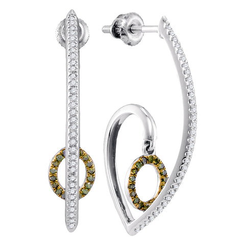 10kt White Gold Womens Round Green Color Enhanced Diamond J Hoop Oval Dangle Earrings 1/4 Cttw