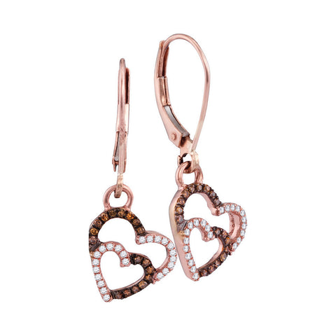 10kt Rose Gold Womens Round Brown Double Heart Diamond Dangle Earrings 1/5 Cttw