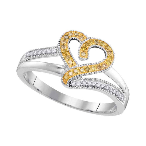 10kt White Gold Womens Round Yellow Color Enhanced Diamond Heart Love Ring 1/8 Cttw